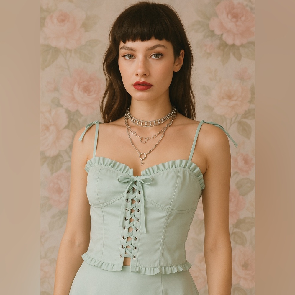 CURRENT MOOD Anything Could Happen Lace Up Ruffle Bustier Tank Top Mint Green M - Picture 11 of 11